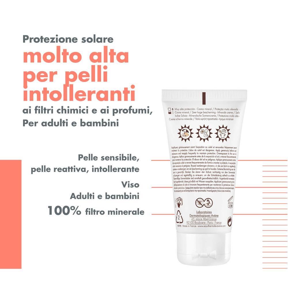 Retro del tubo. Testo: Protezione solare molto alta per pelli intolleranti. Adulti e bambini.