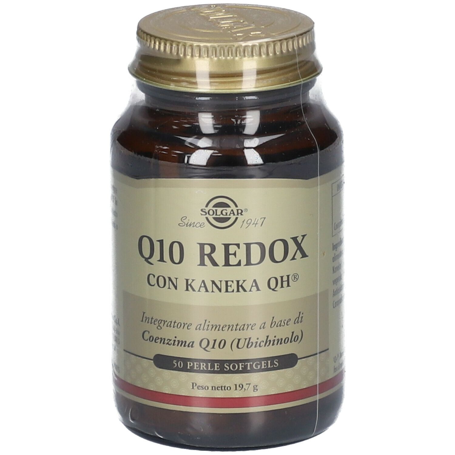 Flacone di vetro marrone con tappo dorato. L'etichetta riporta 'SOLGAR Q10 REDOX'.