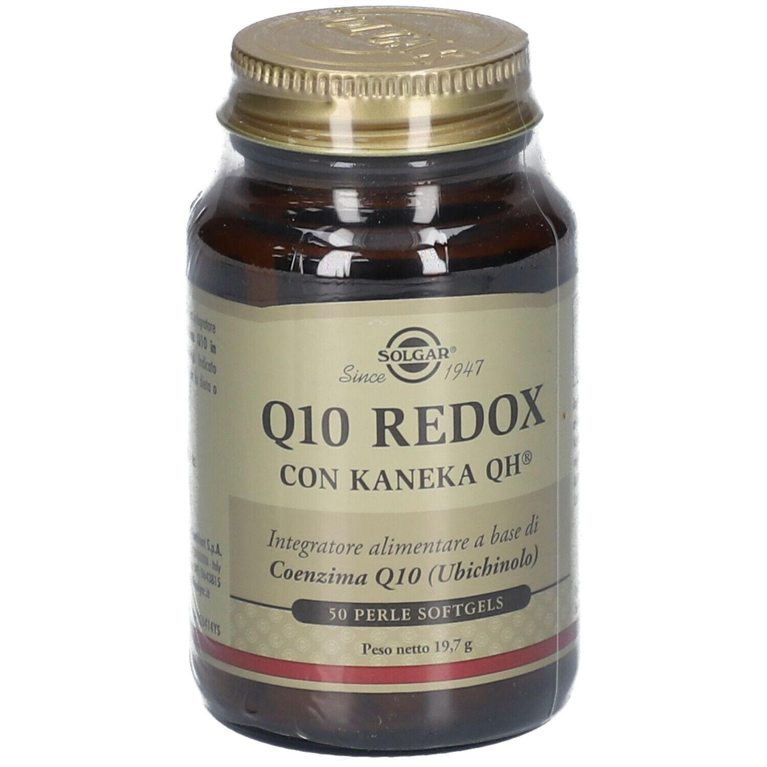 Flacone di vetro marrone con tappo dorato. L'etichetta riporta 'SOLGAR Q10 REDOX'.