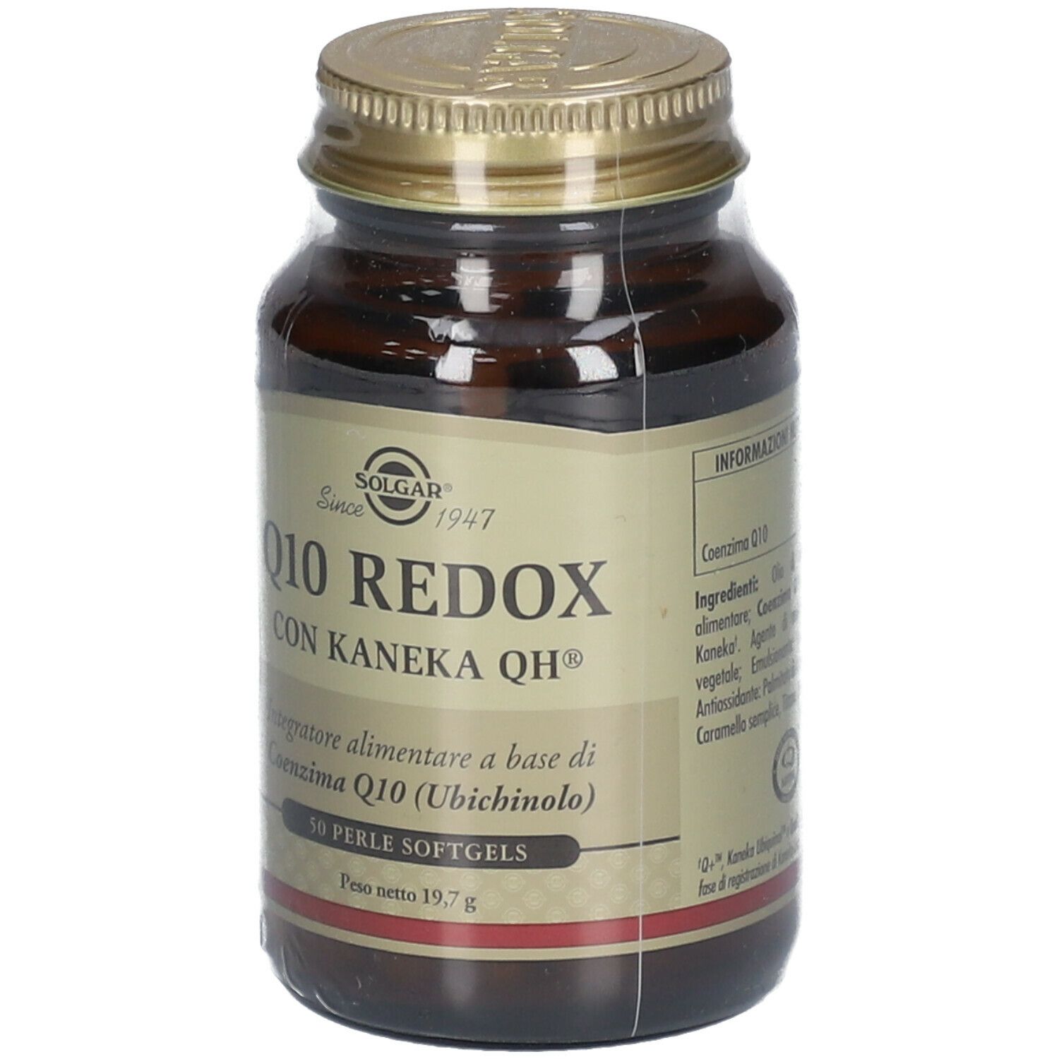 Flacone di vetro marrone con tappo dorato. L'etichetta riporta 'SOLGAR Q10 REDOX'.
