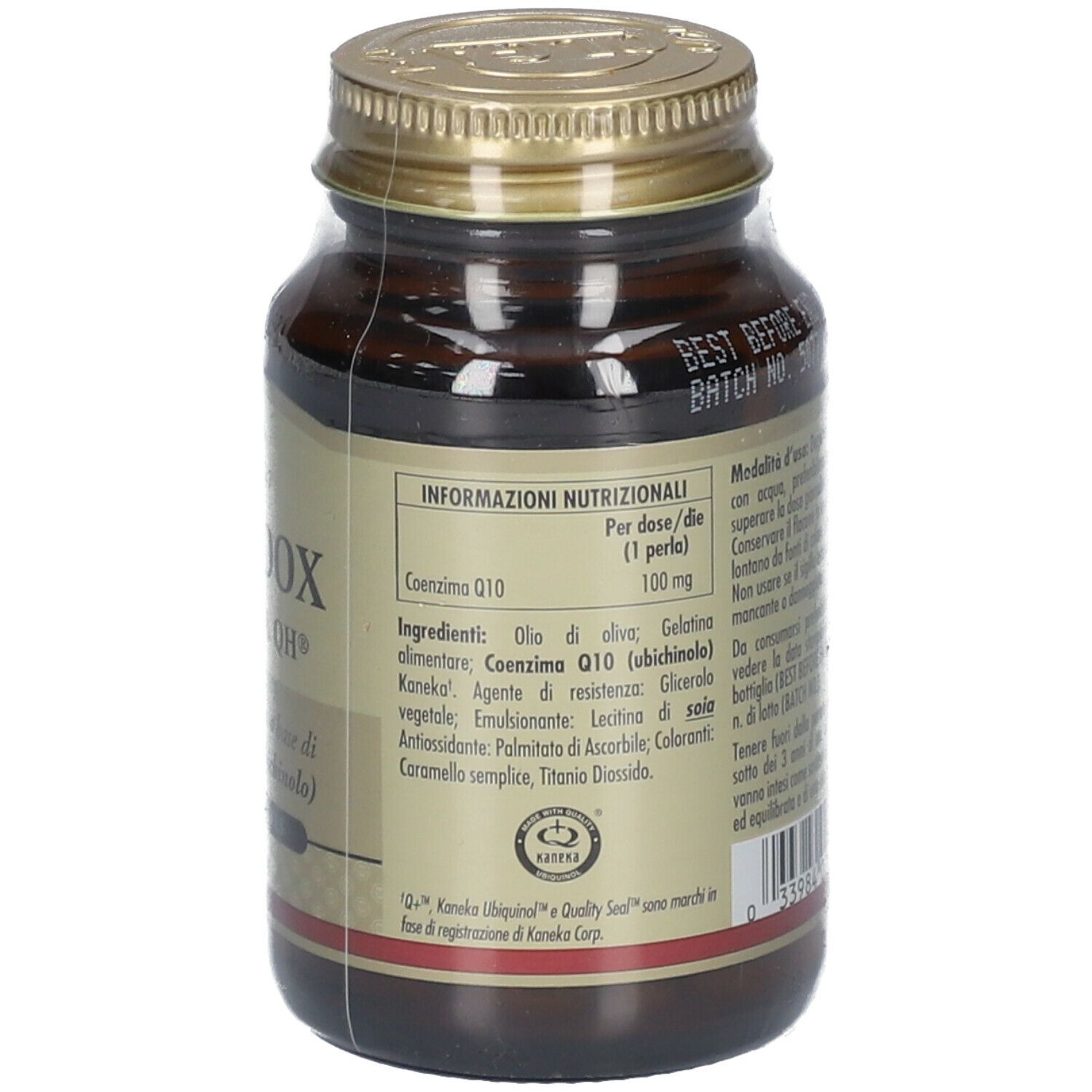 Retro di un flacone di vetro marrone con tappo dorato. Etichetta con informazioni nutrizionali.