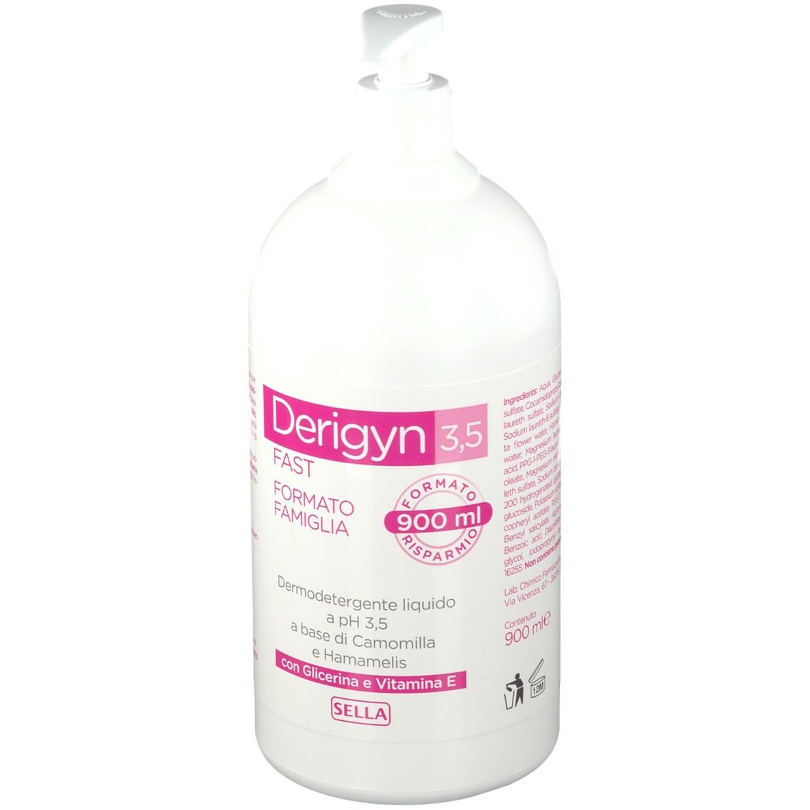 Flacone bianco con dosatore. Scritta: Derigyn 3,5 Fast, Formato Famiglia. Contiene 900 ml.