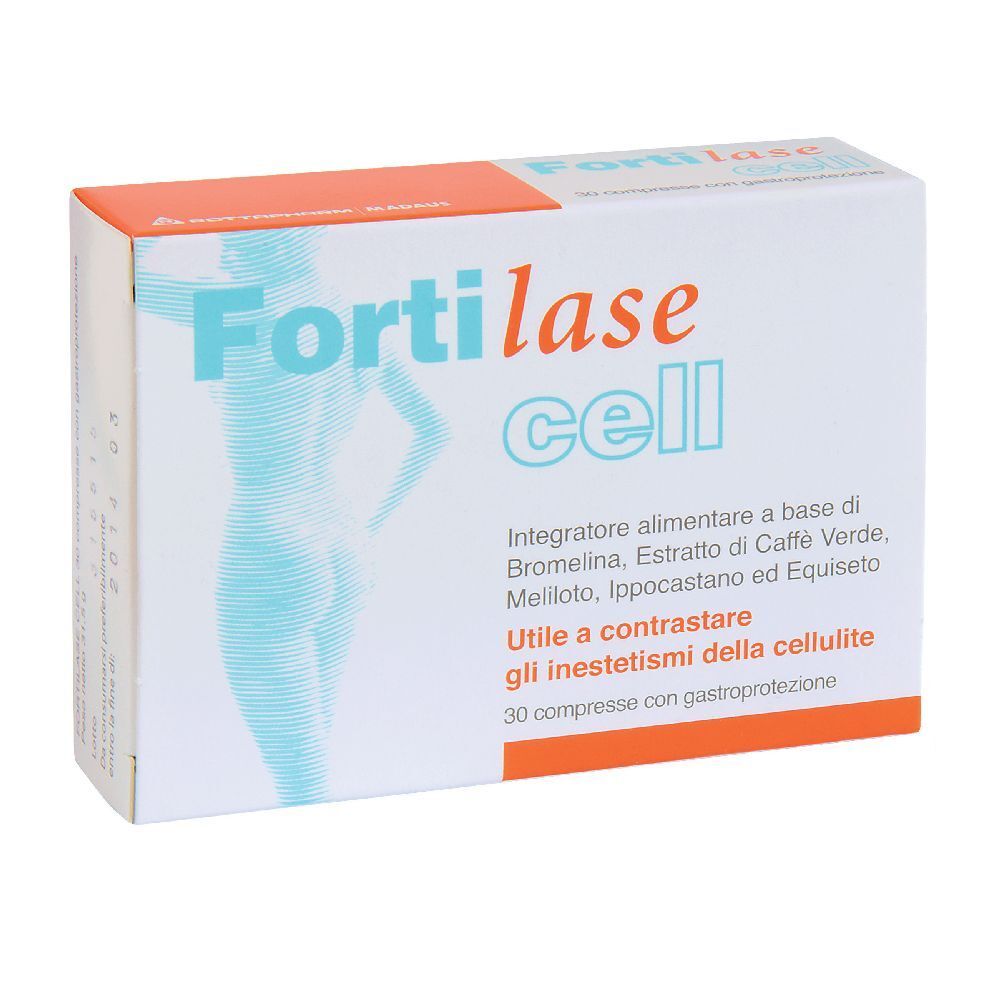 Confezione di "Fortilase cell". Contiene 30 compresse. Stampa con ingredienti e informazioni nutrizionali.