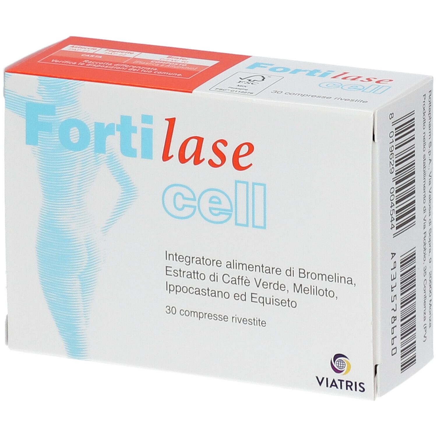 Confezione di "Fortilase cell". Contiene 30 compresse. Nome del prodotto e logo ben visibili.