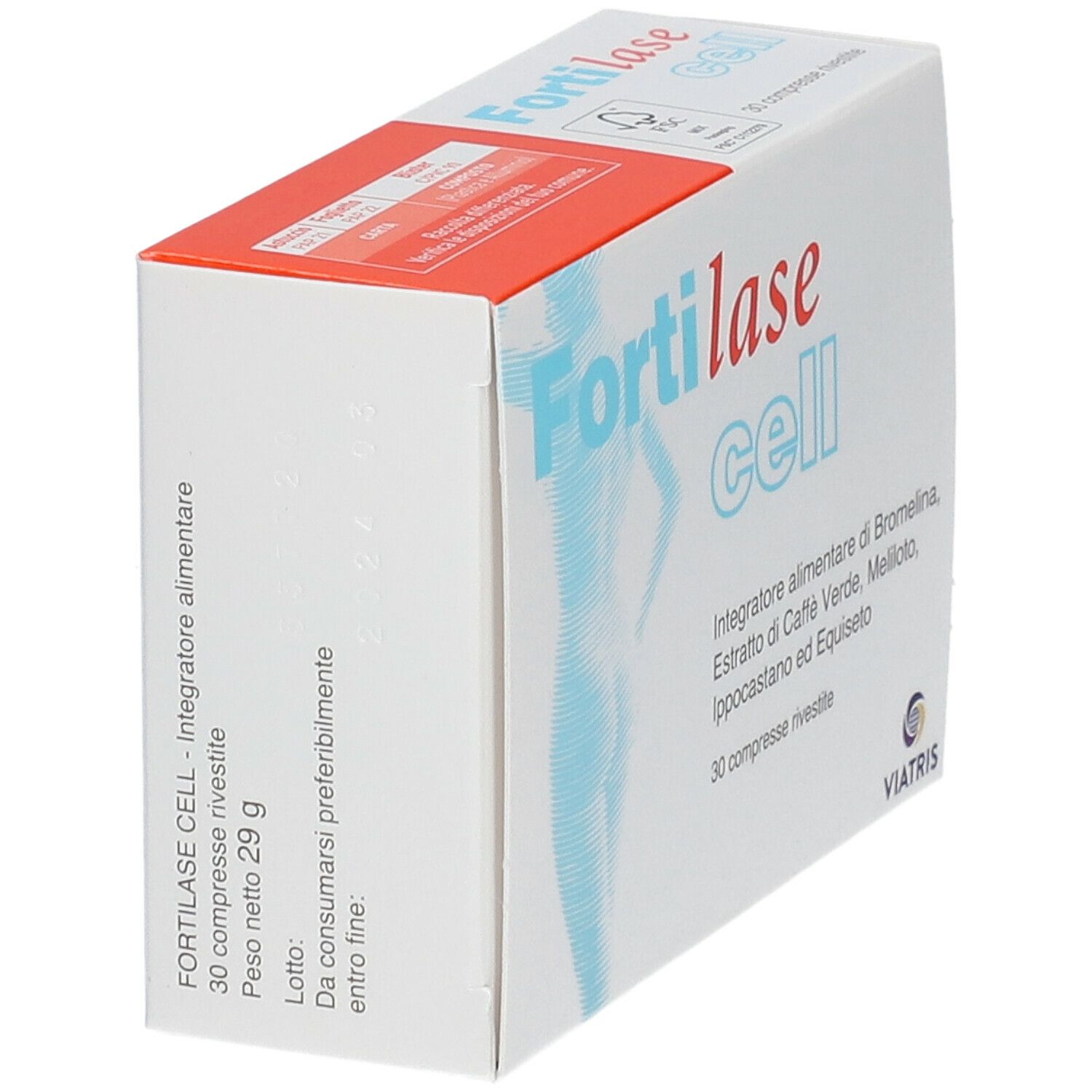 Confezione di "Fortilase cell". Contiene 30 compresse. Nome del prodotto e logo ben visibili.