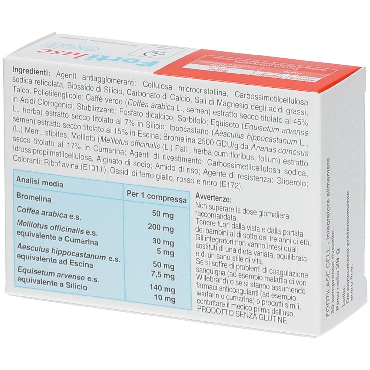 Retro della confezione "Fortilase cell". Contiene ingredienti e informazioni nutrizionali.