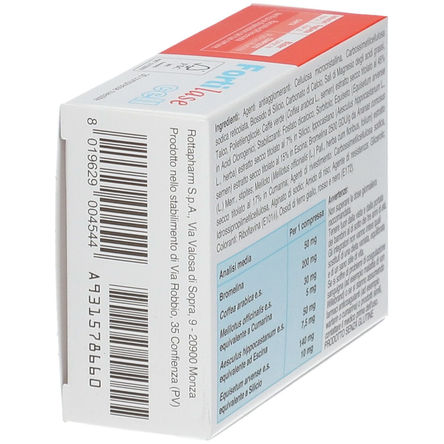 Retro della confezione "Fortilase cell". Contiene ingredienti e informazioni nutrizionali.