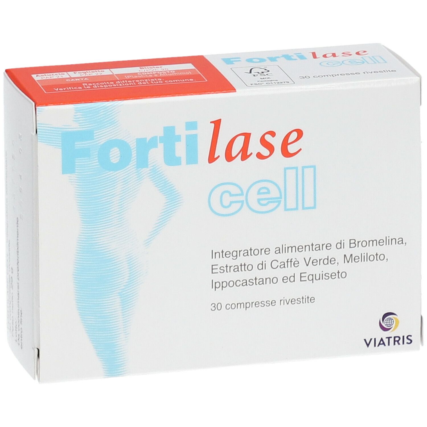 Confezione di "Fortilase cell". Contiene 30 compresse. Nome del prodotto e logo ben visibili.
