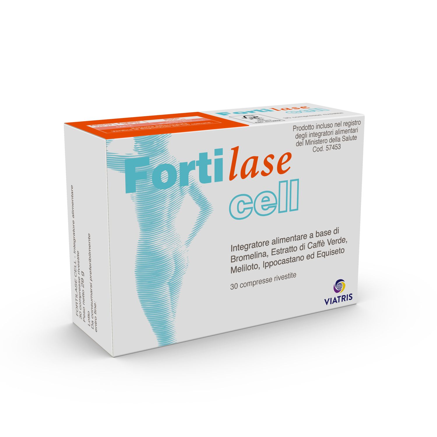 Confezione di "Fortilase cell". Contiene 30 compresse. Logo e informazioni sul prodotto sulla confezione.