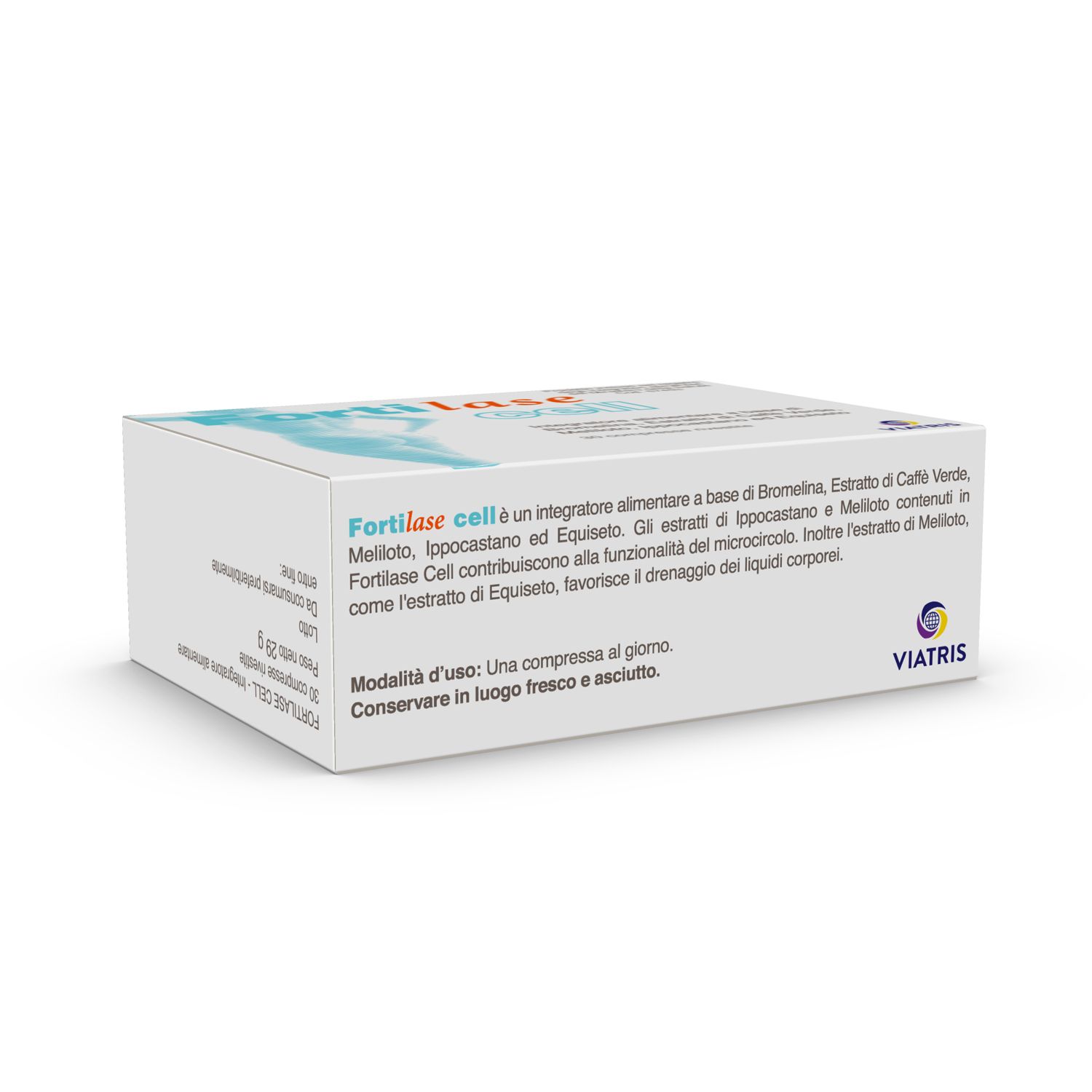 Retro della confezione "Fortilase cell". Contiene informazioni sul prodotto e istruzioni.