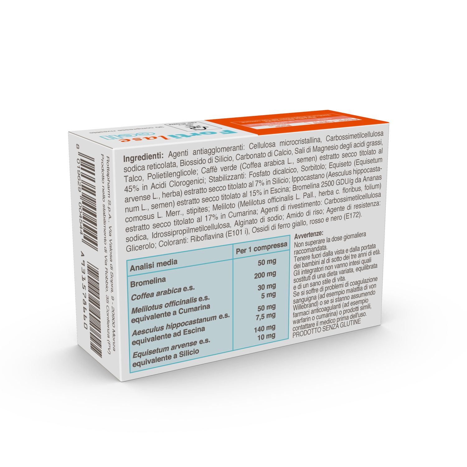 Retro della confezione "Fortilase cell". Contiene ingredienti e informazioni nutrizionali.