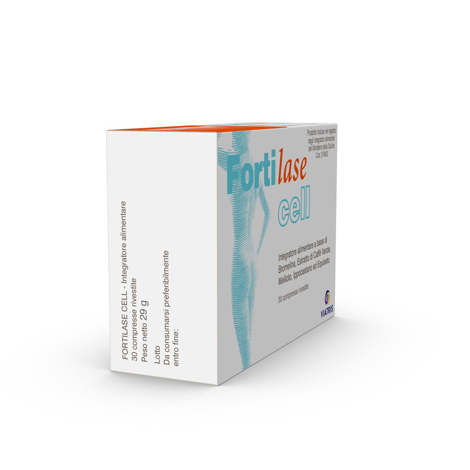 Confezione di "Fortilase cell". Contiene 30 compresse. Nome del prodotto e logo ben visibili.