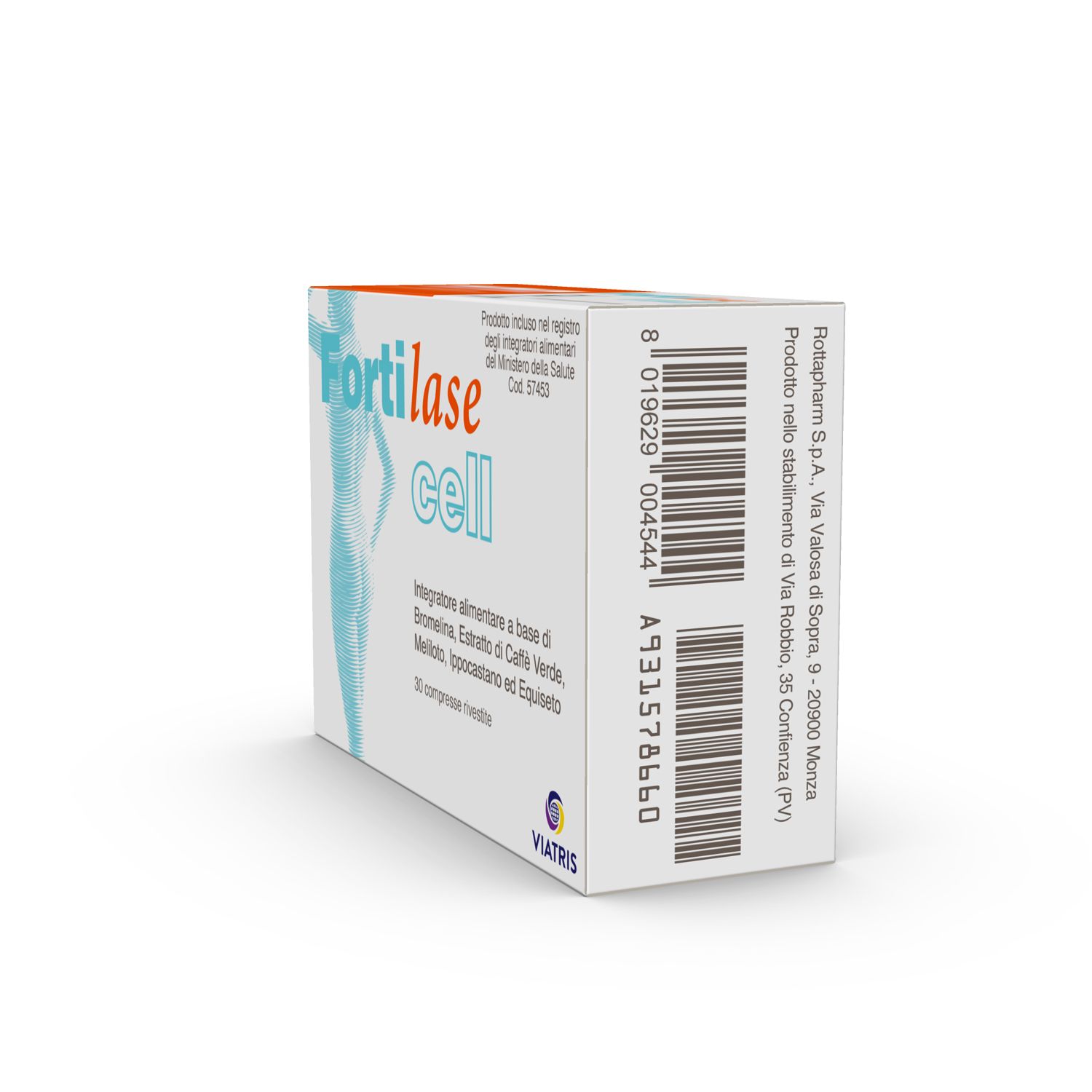 Confezione di "Fortilase cell". Contiene 30 compresse. Codice a barre e informazioni del produttore.