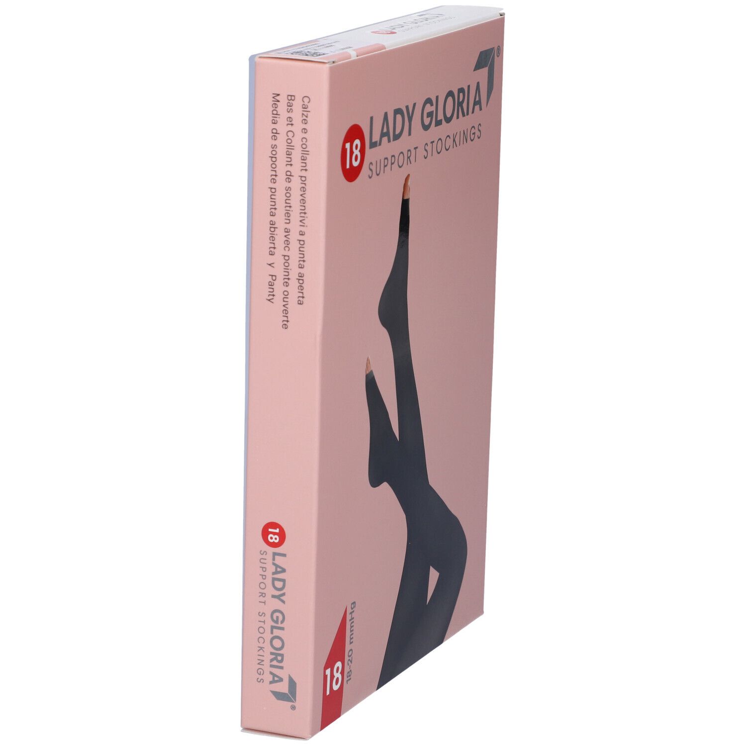 Seitenansicht der Verpackung für Lady Gloria 18 Kompressionsstrümpfe, offene Spitze, Sahara 3.