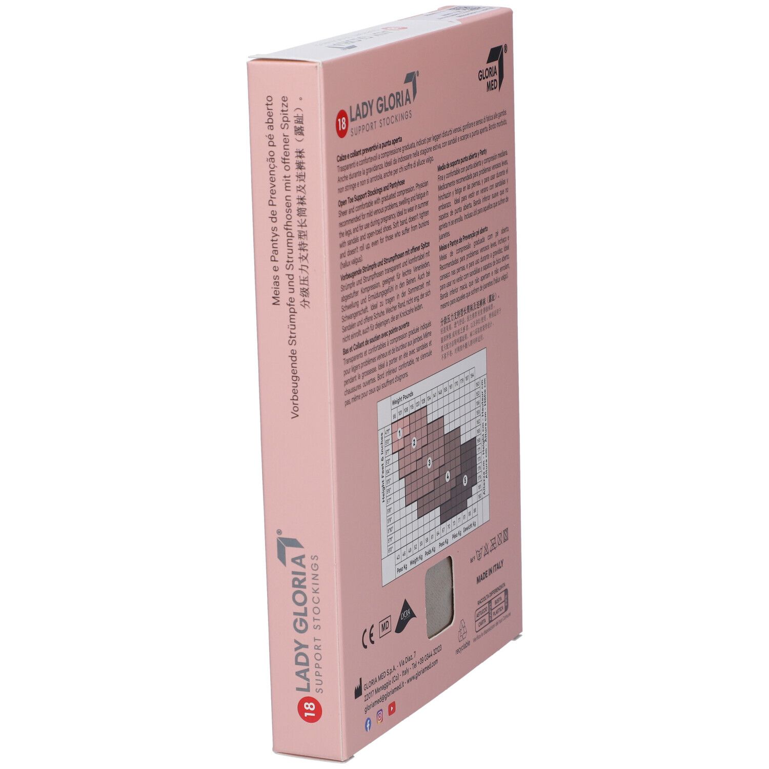 Seitenansicht der Verpackung für Lady Gloria 18 Kompressionsstrümpfe, offene Spitze, Sahara 3.