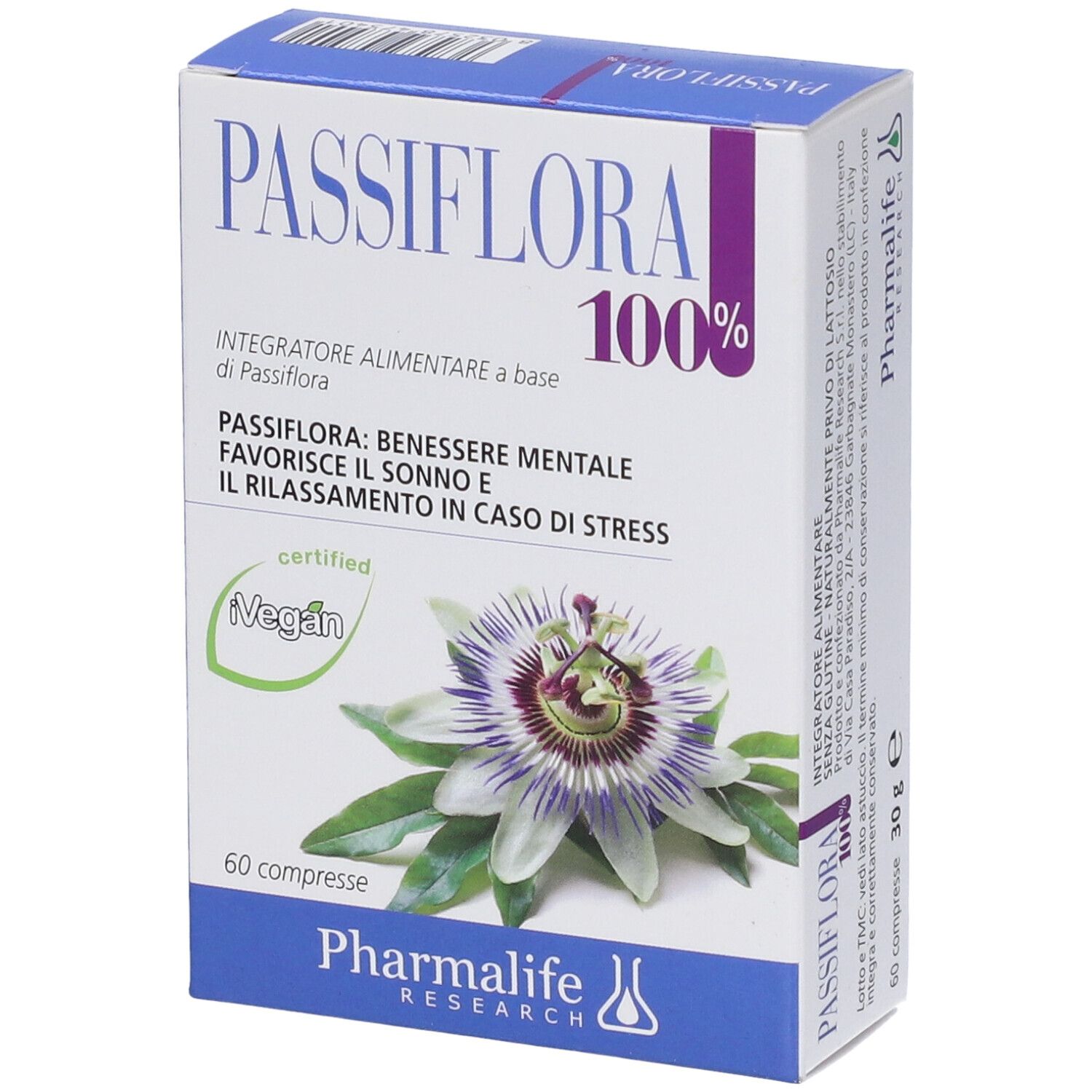 Scatola di compresse Passiflora 100%. Scritta: 'Integratore alimentare'. Certificazione vegana. 60 compresse. Vista dall'alto.