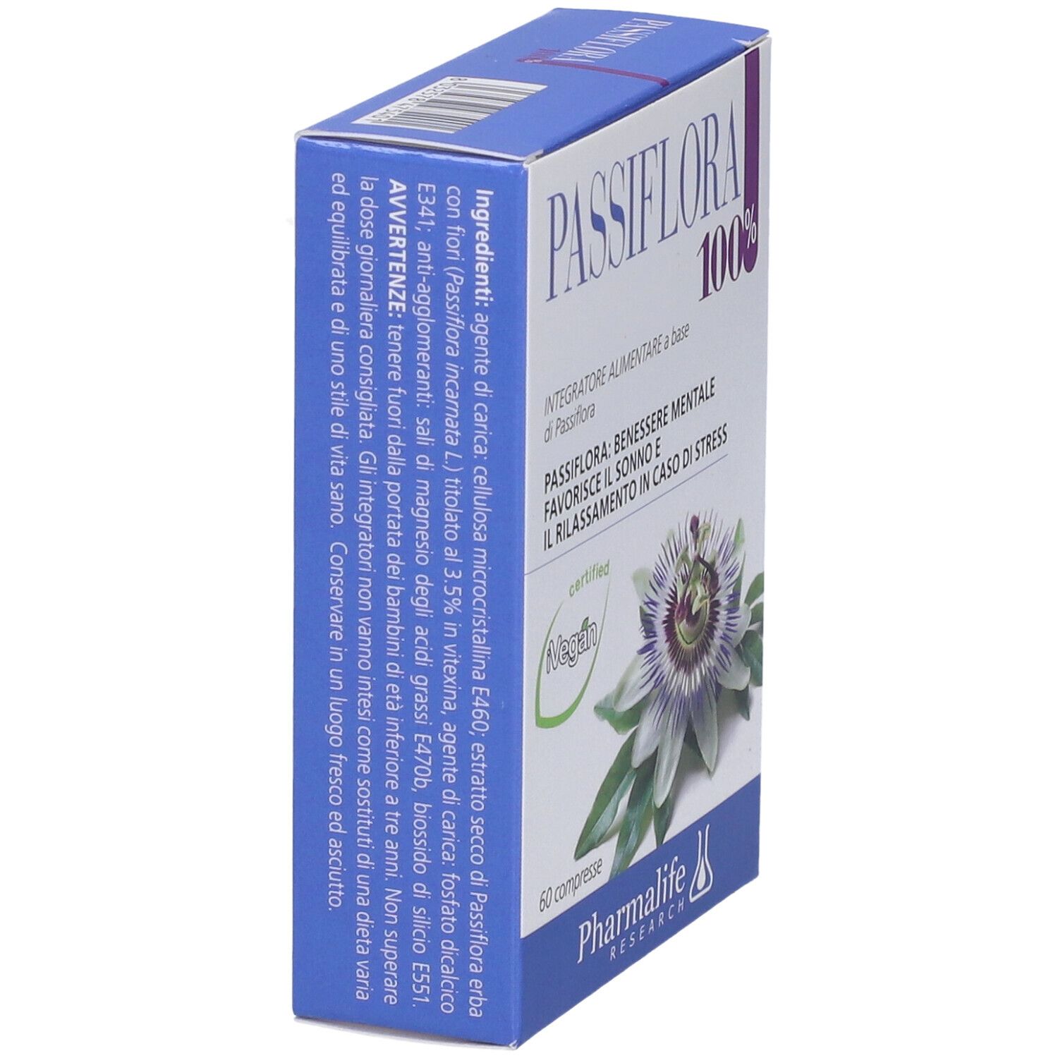Scatola di compresse Passiflora 100%. Scritta: 'Integratore alimentare'. Certificazione vegana. 60 compresse. Vista laterale.