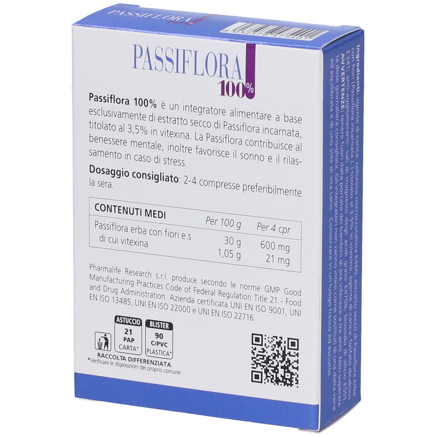 Scatola di compresse Passiflora 100%. Scritta: 'Integratore alimentare'. Certificazione vegana. 60 compresse. Vista laterale.