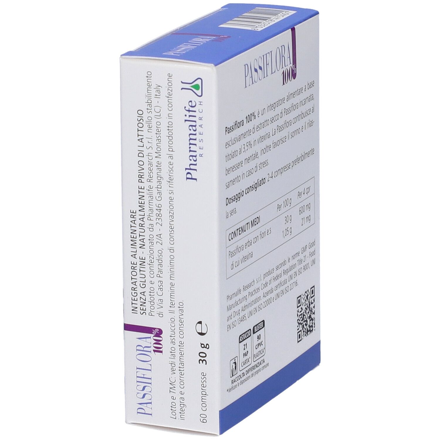 Scatola di compresse Passiflora 100%. Scritta: 'Integratore alimentare'. Certificazione vegana. 60 compresse. Vista laterale.