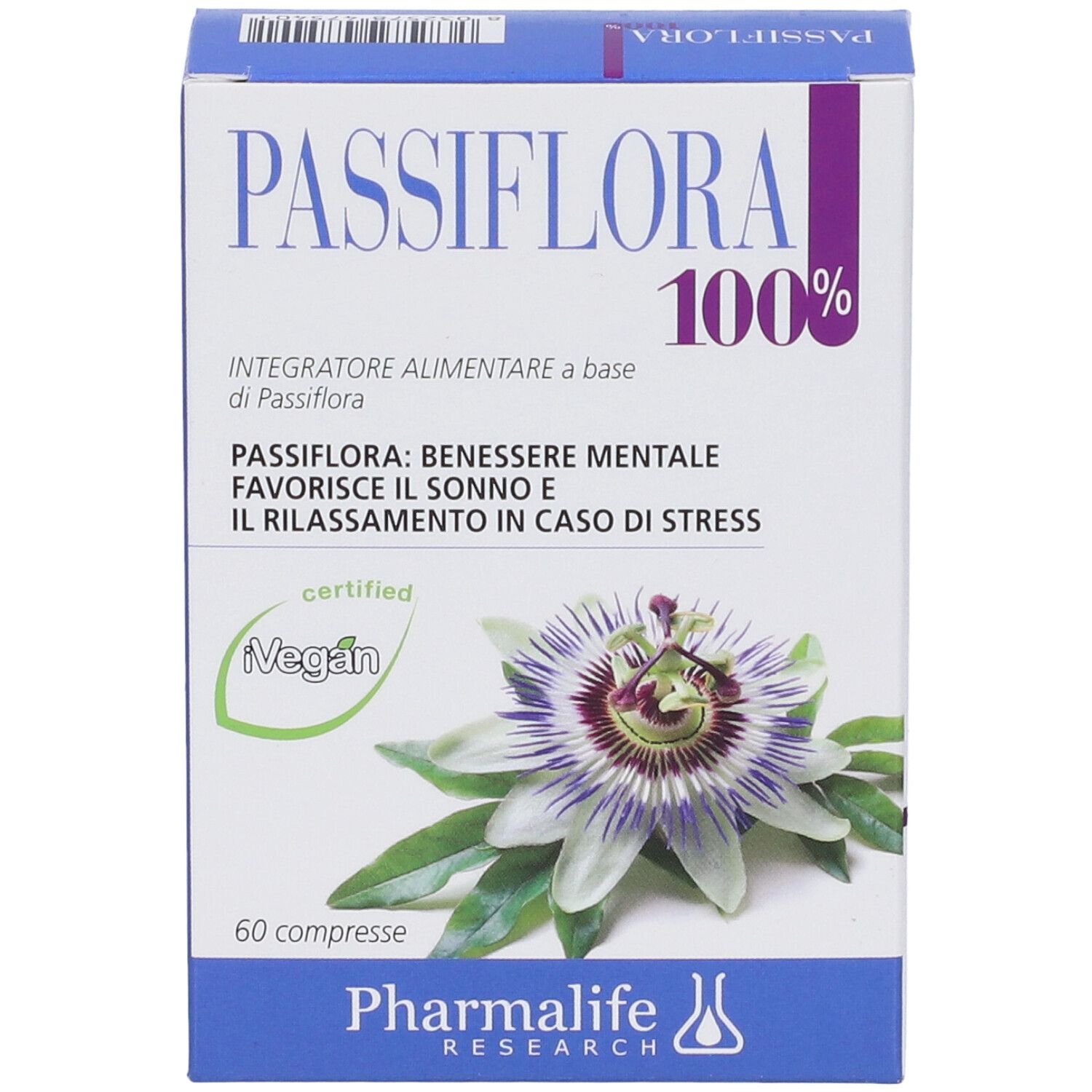 Scatola di compresse Passiflora 100%. Scritta: 'Integratore alimentare'. Certificazione vegana. 60 compresse. Vista dall'alto.
