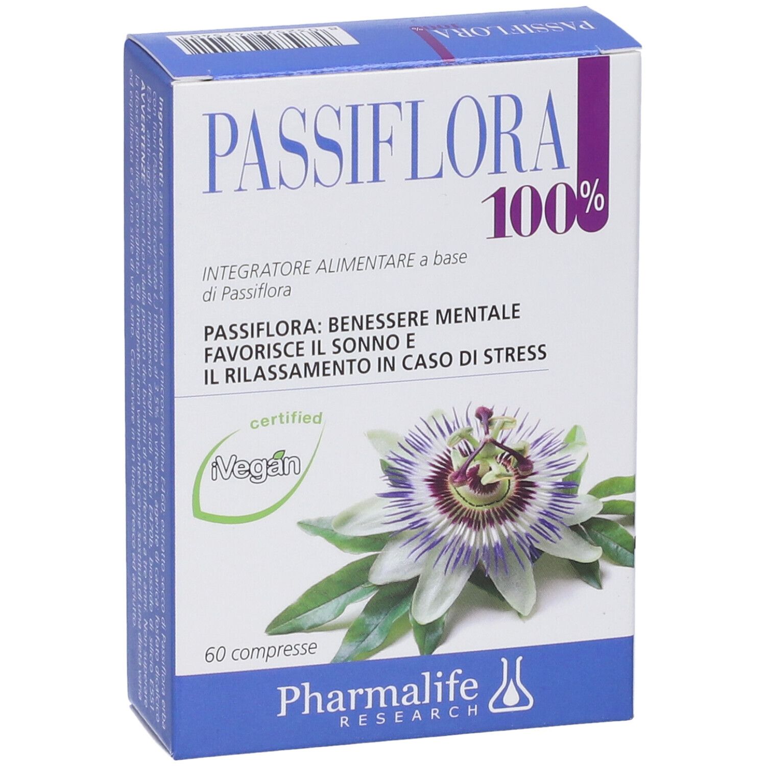 Scatola di compresse Passiflora 100%. Scritta: 'Integratore alimentare'. Certificazione vegana. 60 compresse. Vista dall'alto.