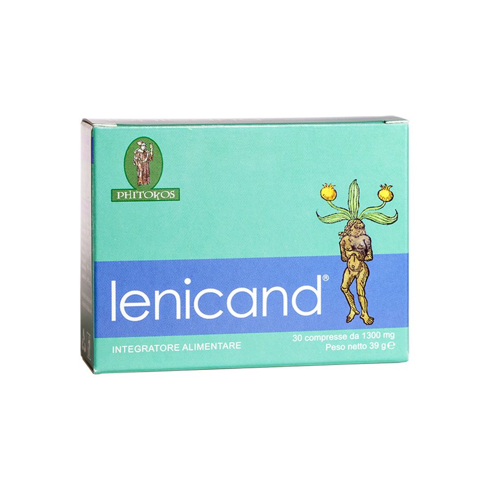 Scatola verde "lenicand". Logo e illustrazione. Contiene 30 compresse. "Integratore alimentare" sotto.