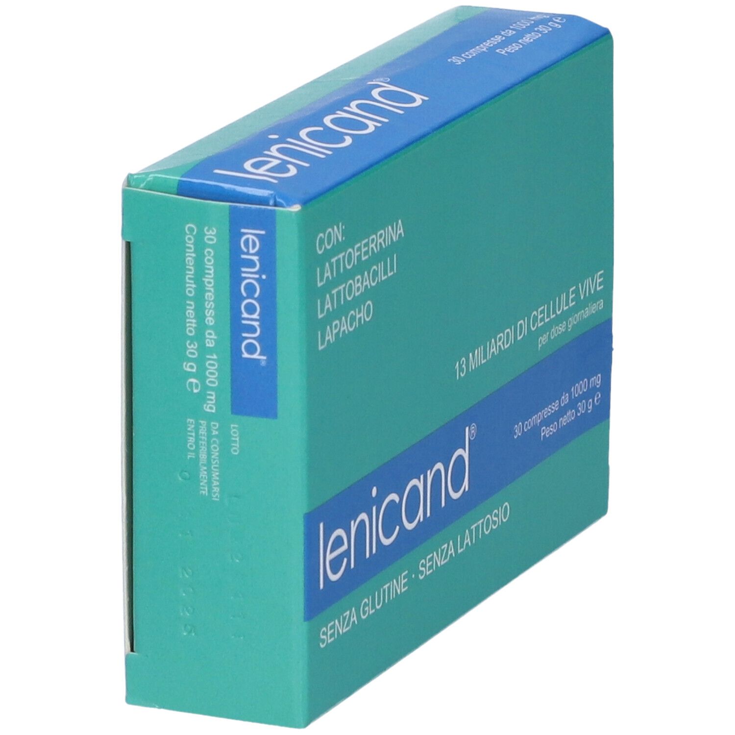 Scatola "lenicand" in prospettiva. 30 compresse. "Senza glutine - Senza lattosio". Contiene Lattoferrina, Lattobacilli, Lapacho.