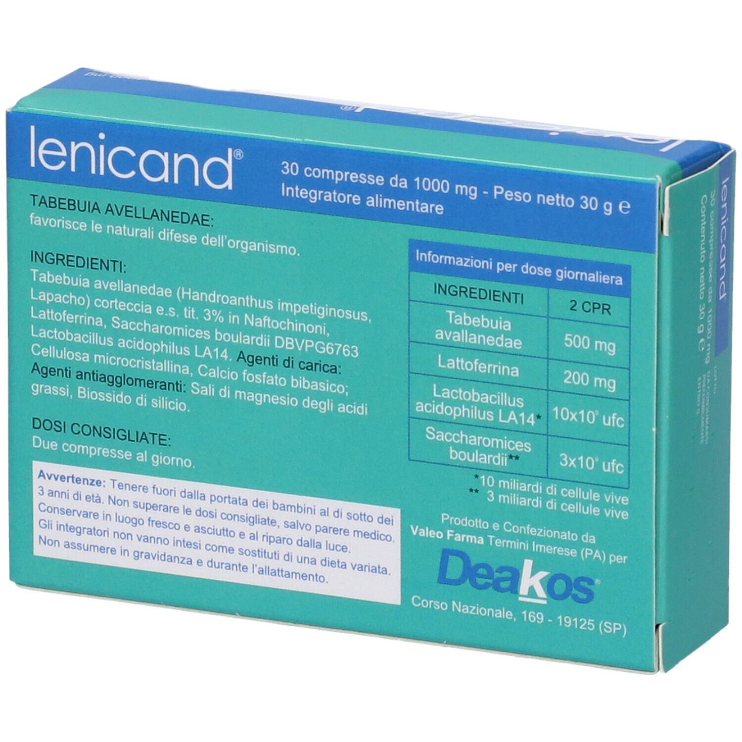 Retro scatola "lenicand". Ingredienti e dosaggio. Testo in italiano.