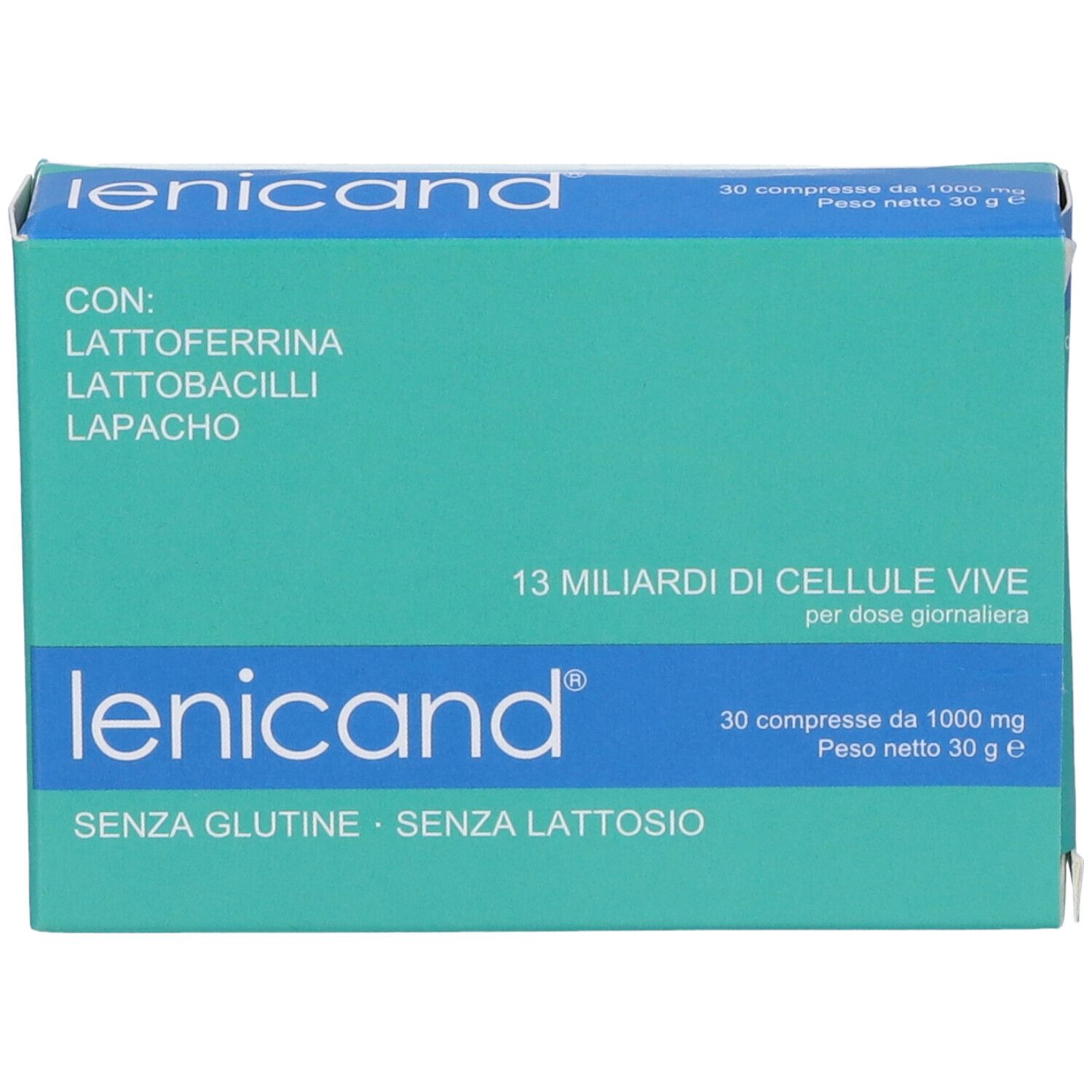 Scatola blu "lenicand". 30 compresse. "Senza glutine - Senza lattosio". Contiene Lattoferrina, Lattobacilli, Lapacho.