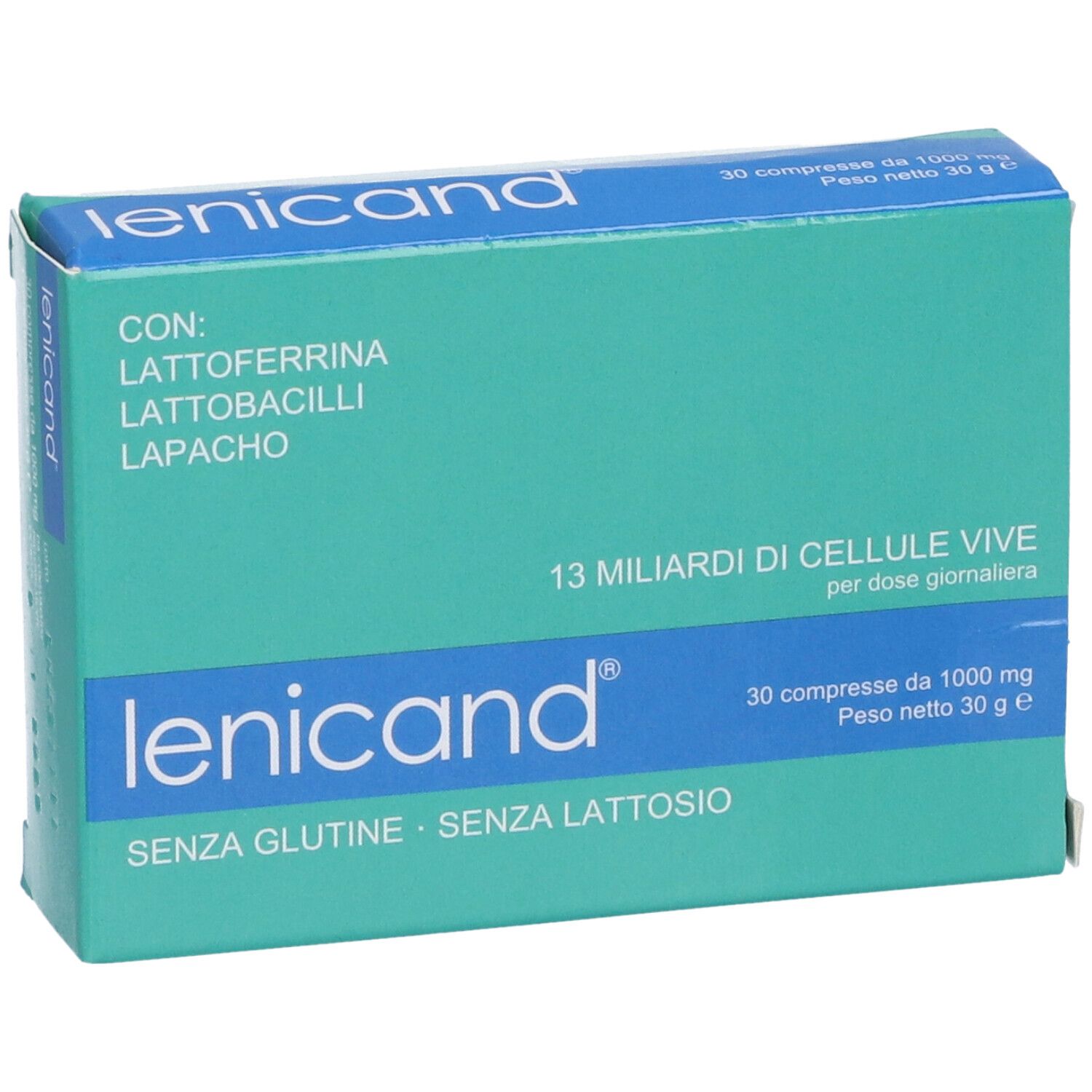 Scatola blu "lenicand". 30 compresse. "Senza glutine - Senza lattosio". Contiene Lattoferrina, Lattobacilli, Lapacho.