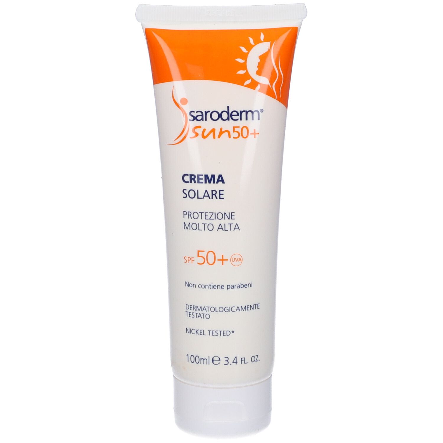 Tubo bianco-arancione di crema solare Saroderm Sun 50+. Testo: Crema Solare, SPF 50+, 100ml. Dermatologicamente testato.