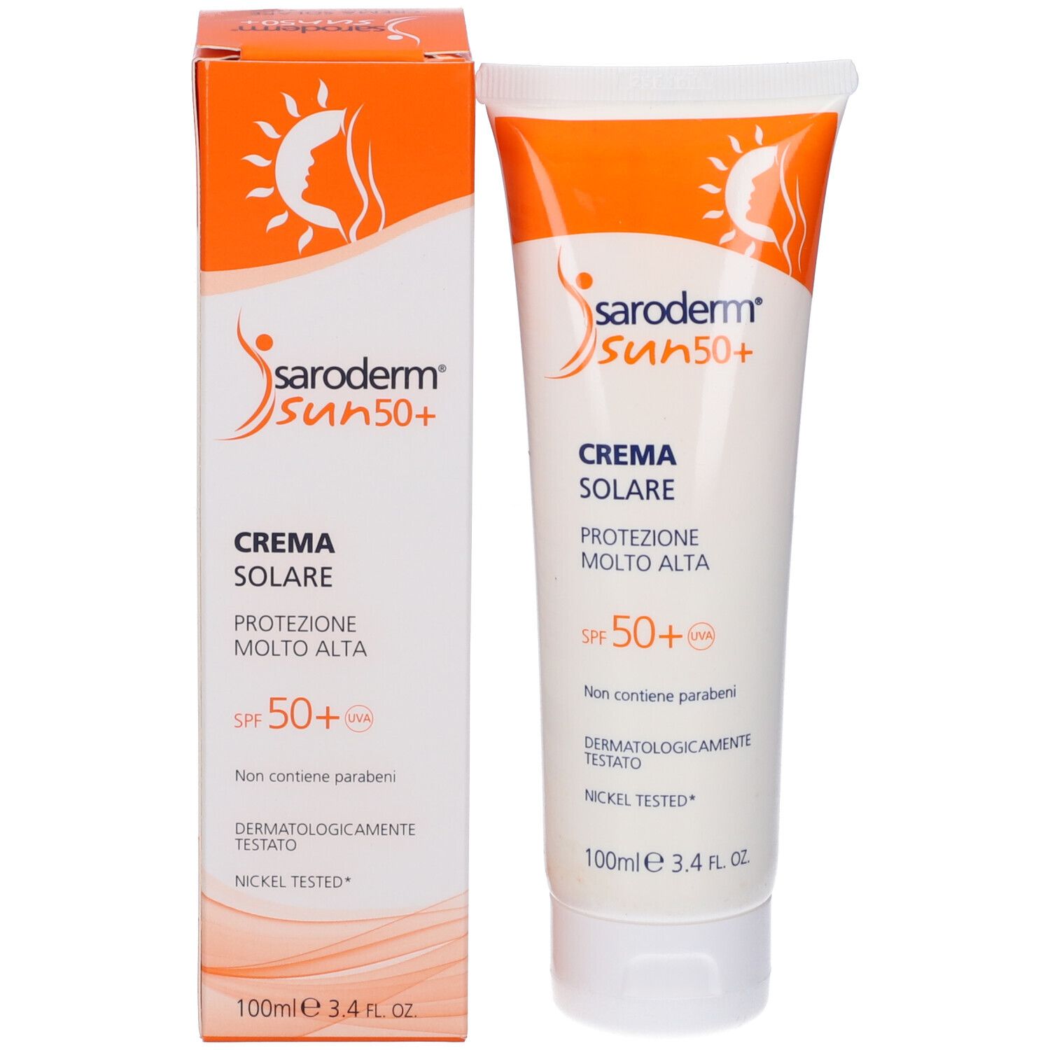 Tubo e scatola di crema solare Saroderm Sun 50+. Testo: Crema Solare, SPF 50+, 100ml. Dermatologicamente testato. Design arancione e bianco.