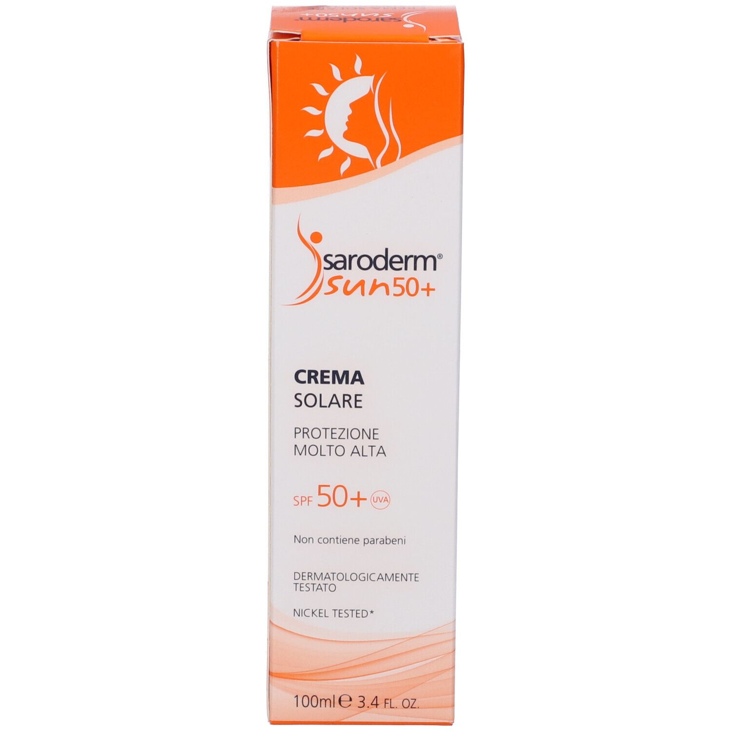 Scatola di crema solare Saroderm Sun 50+. Testo: Crema Solare, SPF 50+, 100ml. Dermatologicamente testato. Design arancione e bianco.