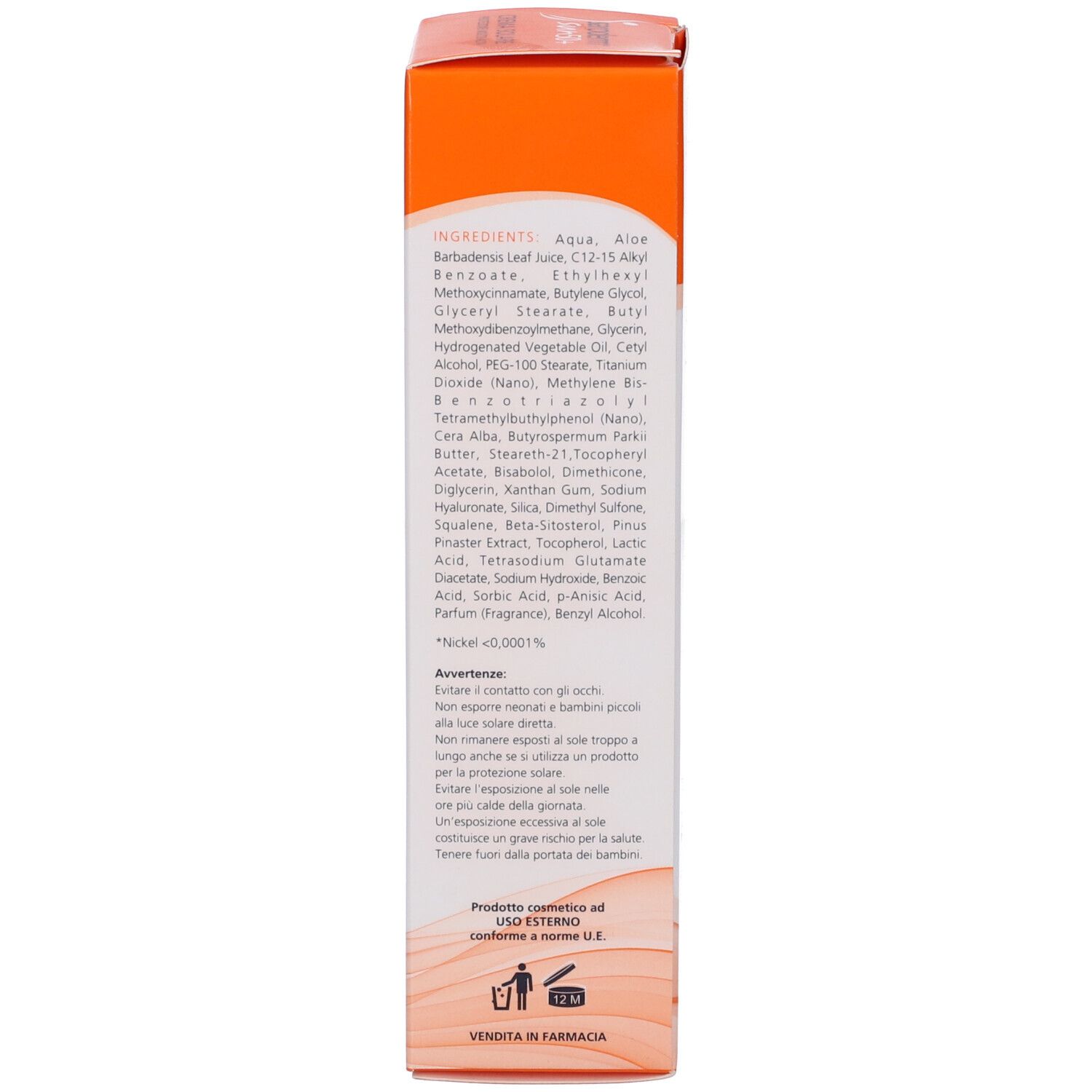 Retro della scatola Saroderm Sun 50+. Testo: Ingredienti, avvertenze, distribuzione. Design arancione e bianco.