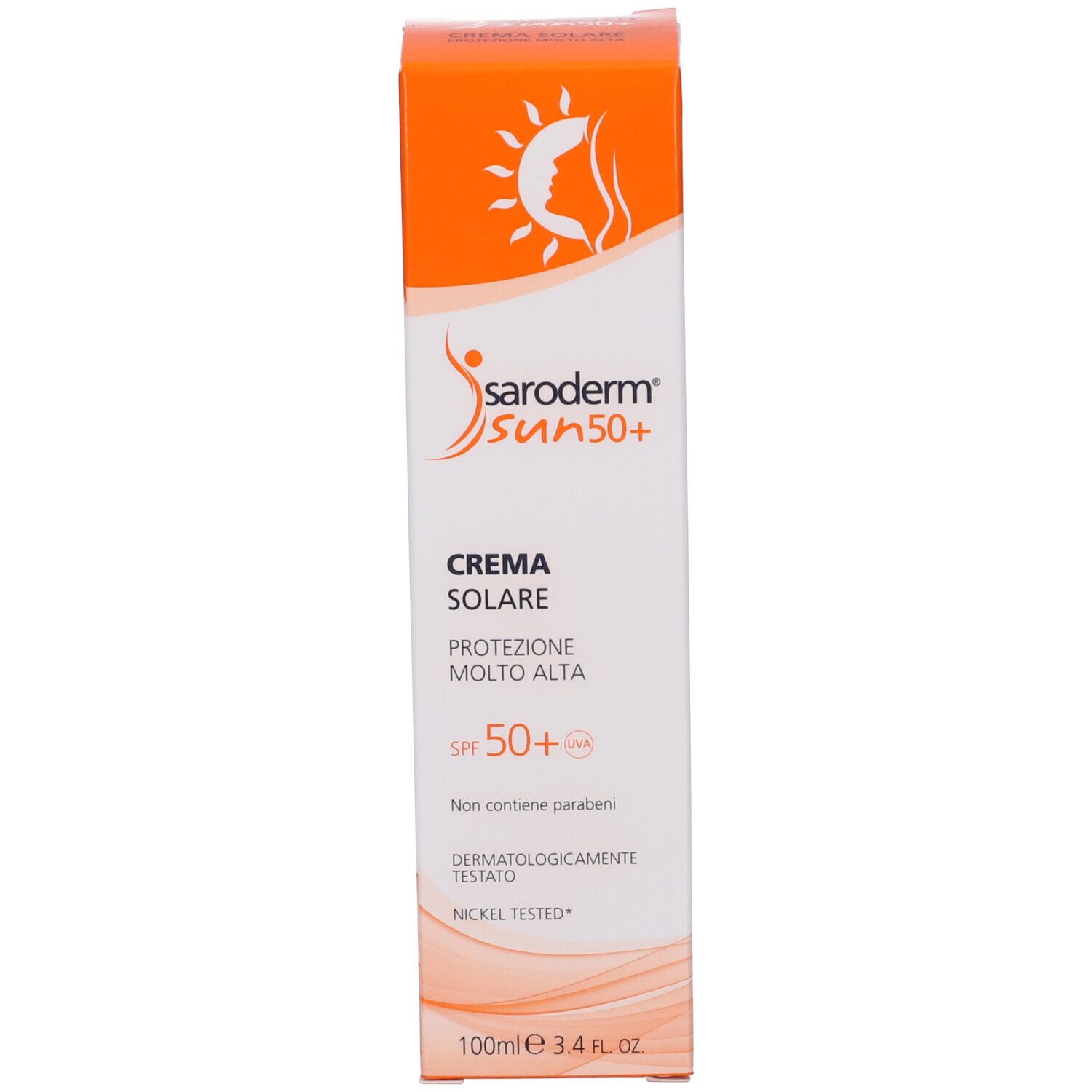 Scatola di crema solare Saroderm Sun 50+. Testo: Crema Solare, SPF 50+, 100ml. Dermatologicamente testato. Design arancione e bianco.