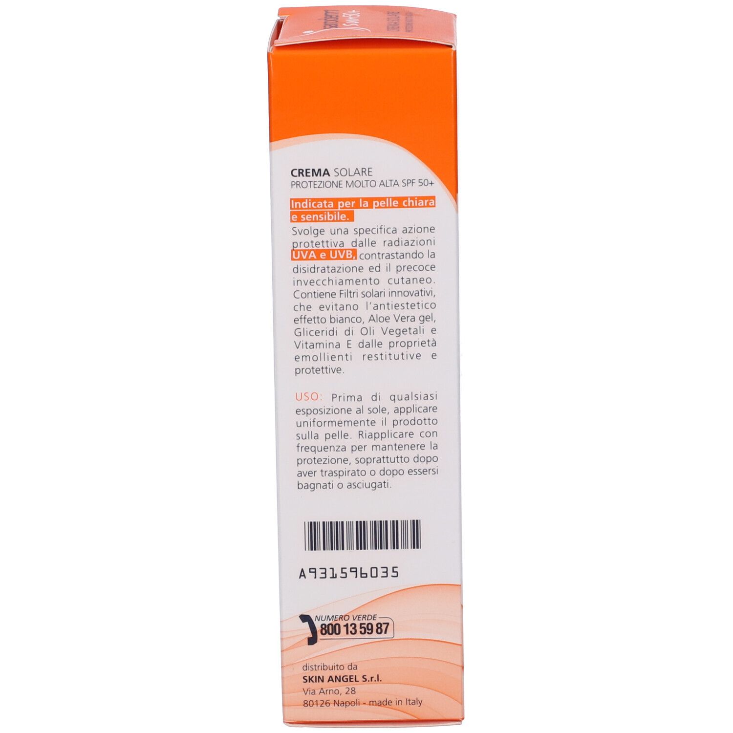 Retro della scatola Saroderm Sun 50+. Testo: Istruzioni per l'uso, avvertenze, distribuzione. Design arancione e bianco.