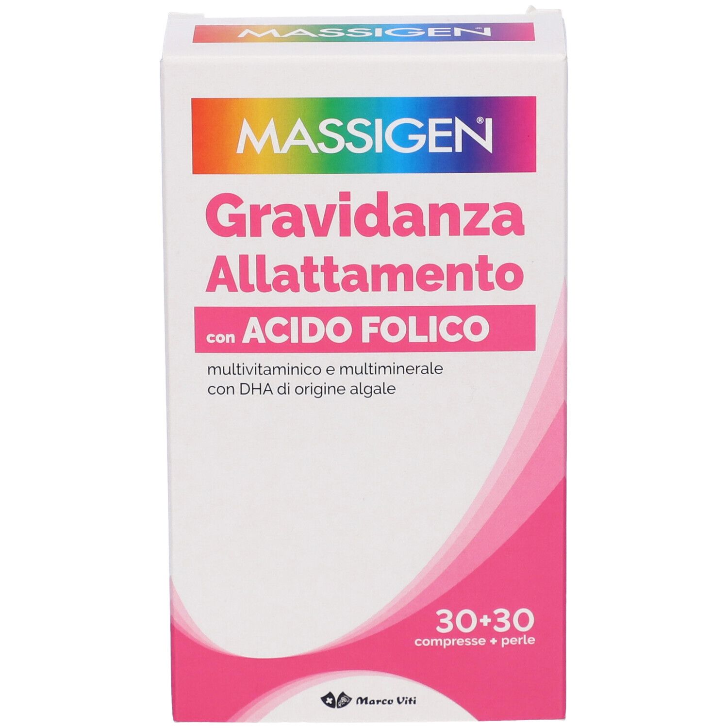 Confezione di integratore. Scritta: MASSIGEN, Gravidanza Allattamento, con Acido Folico. 30+30 compresse.