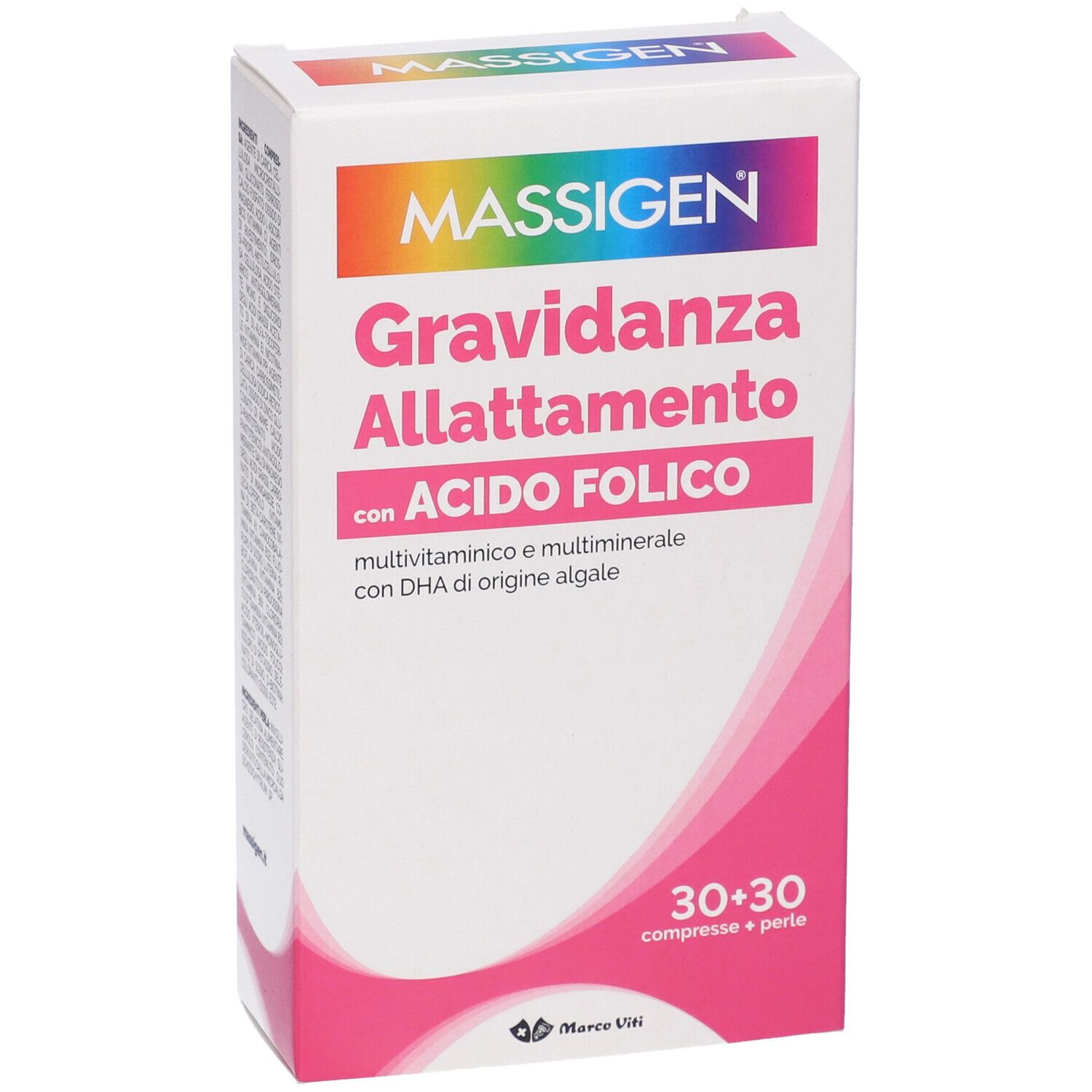 Confezione di integratore. Scritta: MASSIGEN, Gravidanza Allattamento, con Acido Folico. 30+30 compresse.
