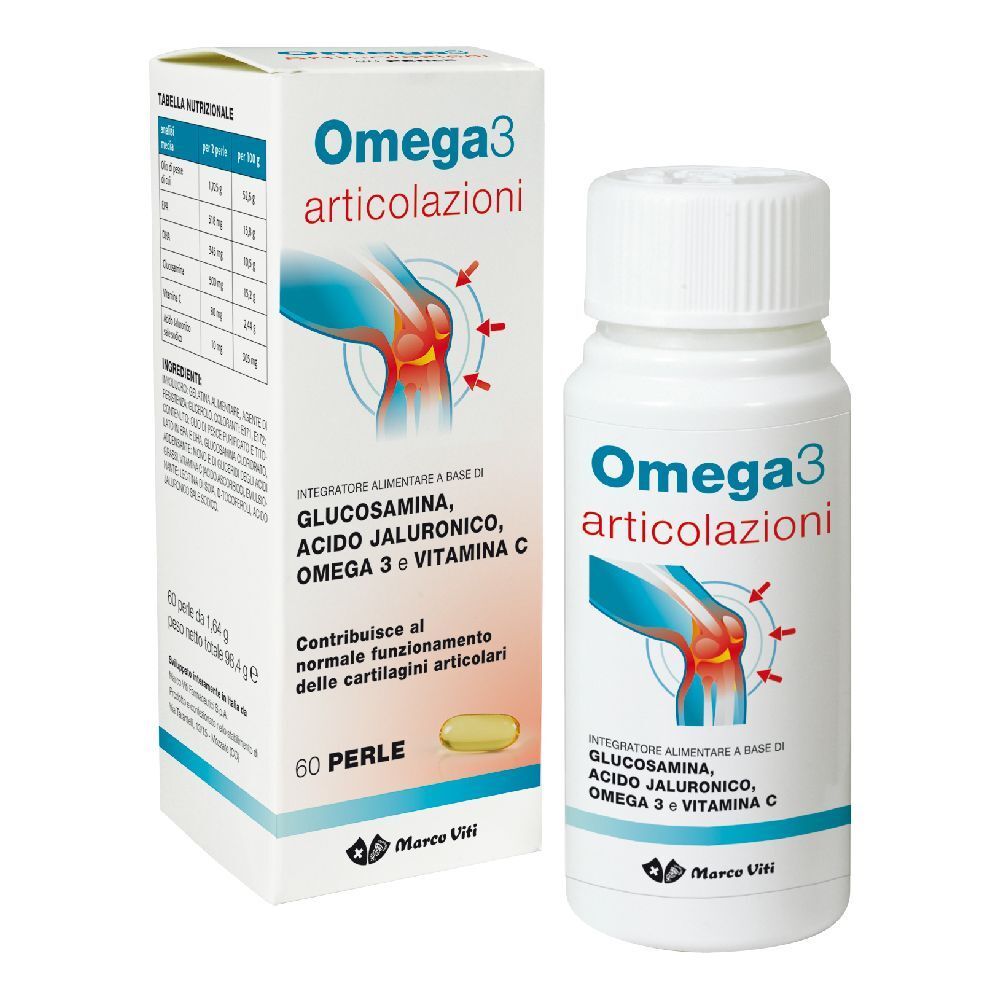 Flacone e scatola bianchi con nome Omega3 Articolazioni. Contiene 60 perle. Marchio Marco Viti.