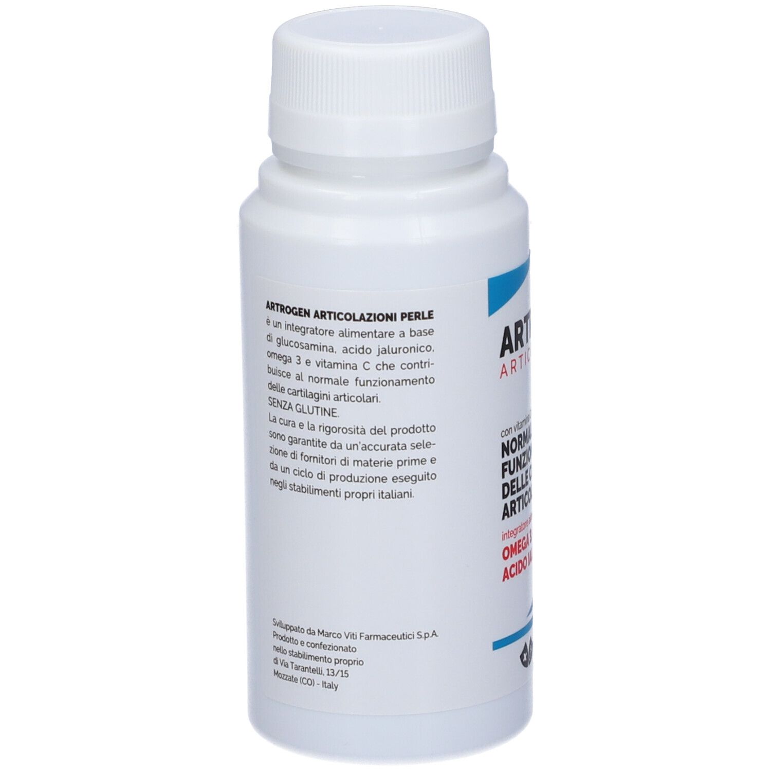 Flacone bianco con Artrogen Articolazioni. Contiene Omega 3, glucosamina, acido ialuronico e vitamina C. Marchio Marco Viti.
