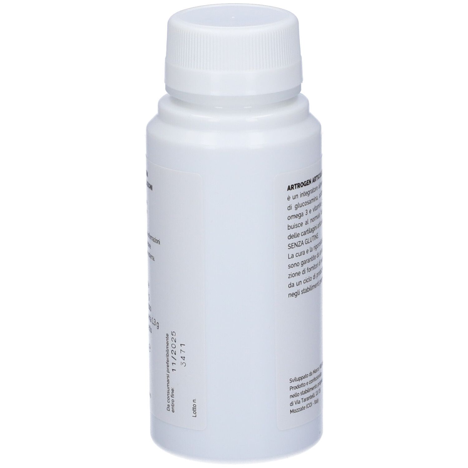 Flacone bianco con Artrogen Articolazioni. Contiene Omega 3, glucosamina, acido ialuronico e vitamina C. Marchio Marco Viti.