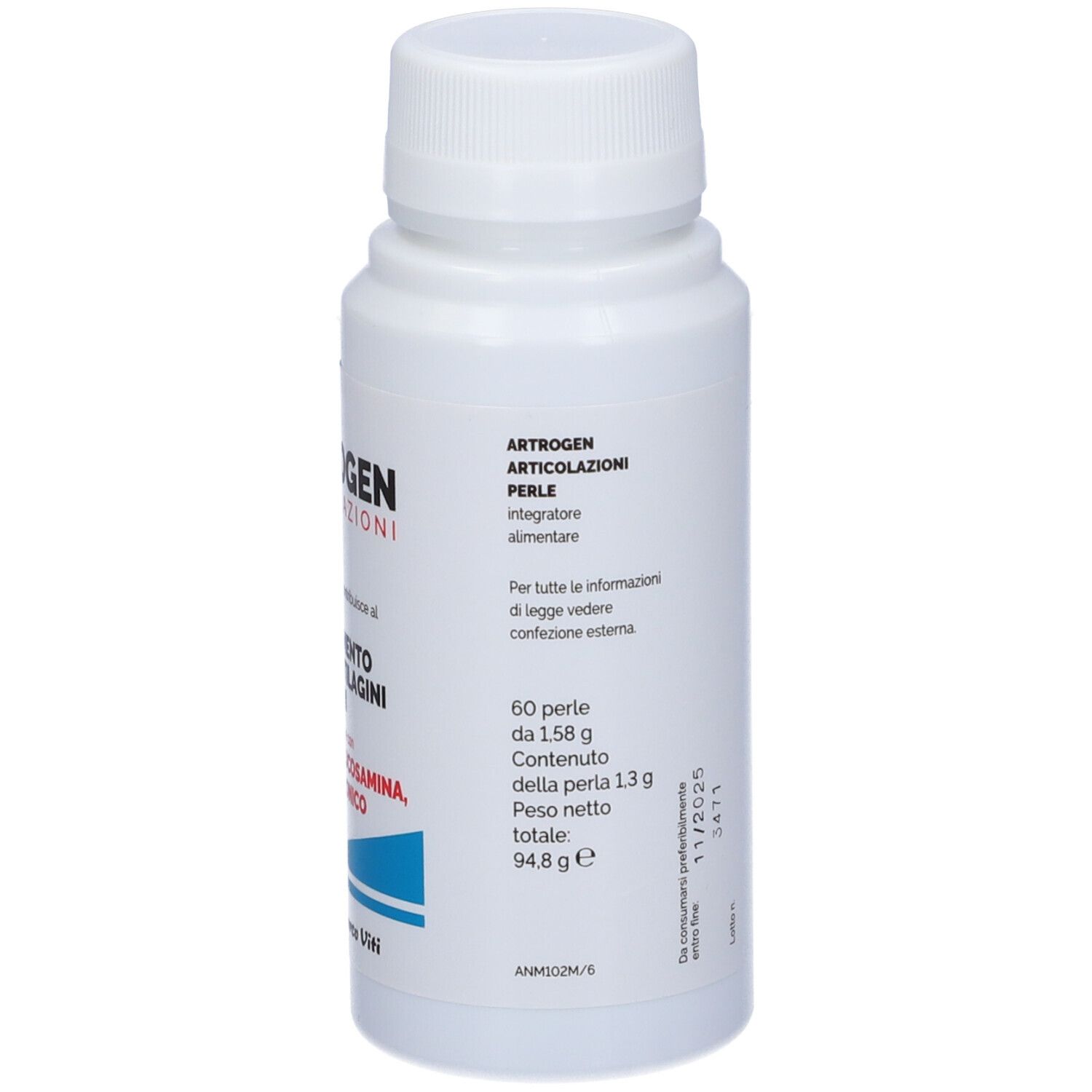 Flacone bianco con Artrogen Articolazioni. Contiene Omega 3, glucosamina, acido ialuronico e vitamina C. Marchio Marco Viti.