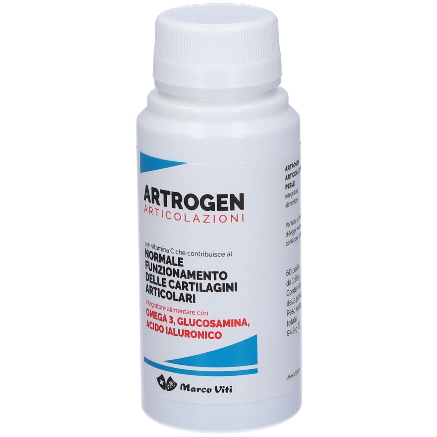 Flacone bianco con Artrogen Articolazioni. Contiene Omega 3, glucosamina, acido ialuronico e vitamina C. Marchio Marco Viti.