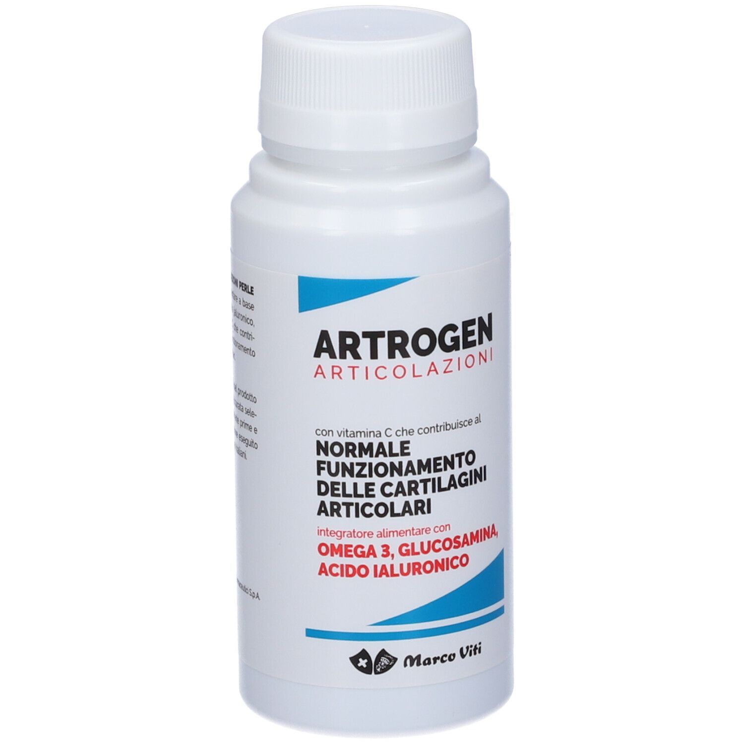 Flacone bianco con Artrogen Articolazioni. Contiene Omega 3, glucosamina, acido ialuronico e vitamina C. Marchio Marco Viti.