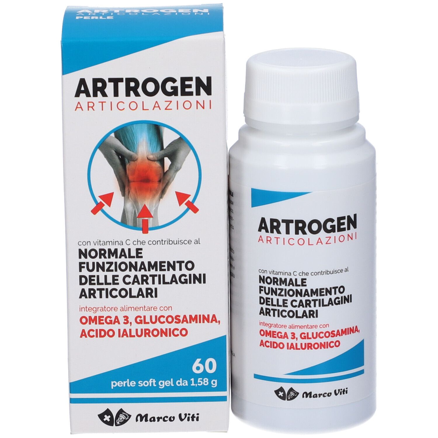 Flacone e scatola con Artrogen Articolazioni. Contiene 60 perle. Marchio Marco Viti.
