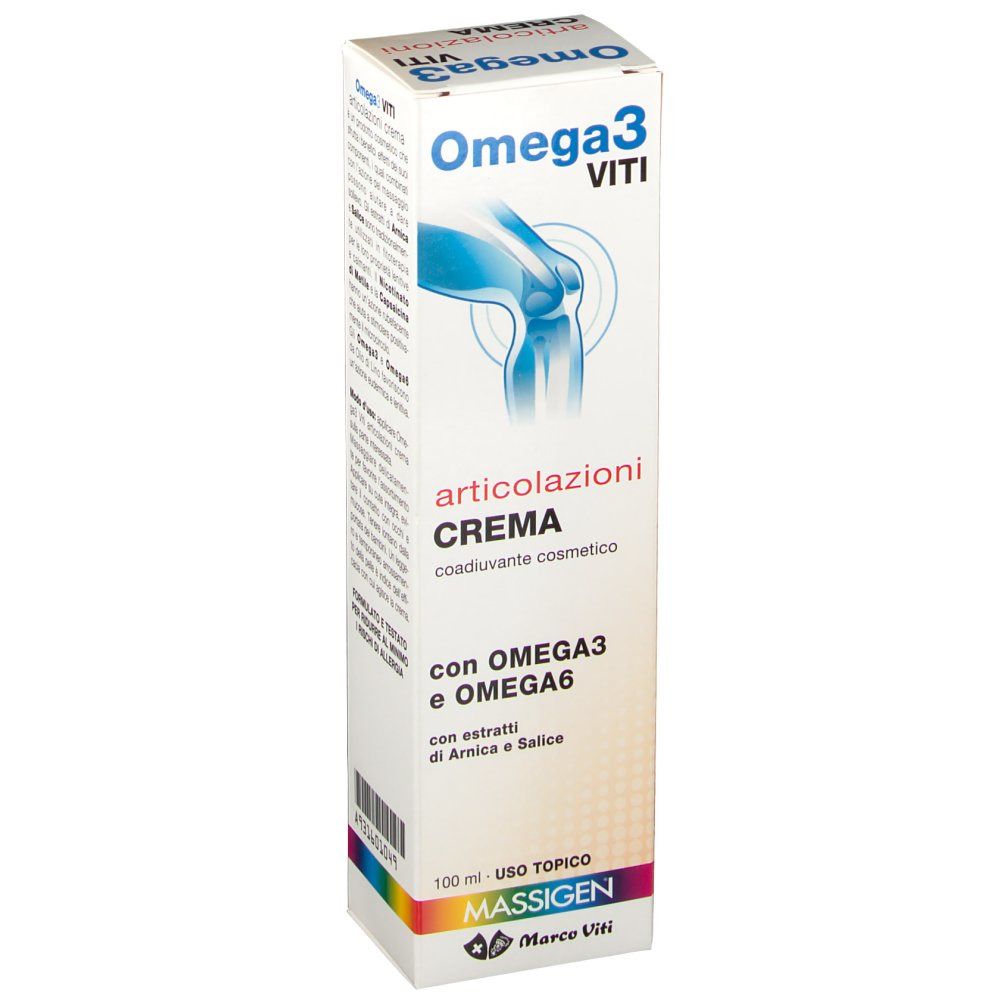 Confezione di crema Omega3 Viti. Scritta: Articolazioni Crema, con Omega3 e Omega6. Marchio Massigen.