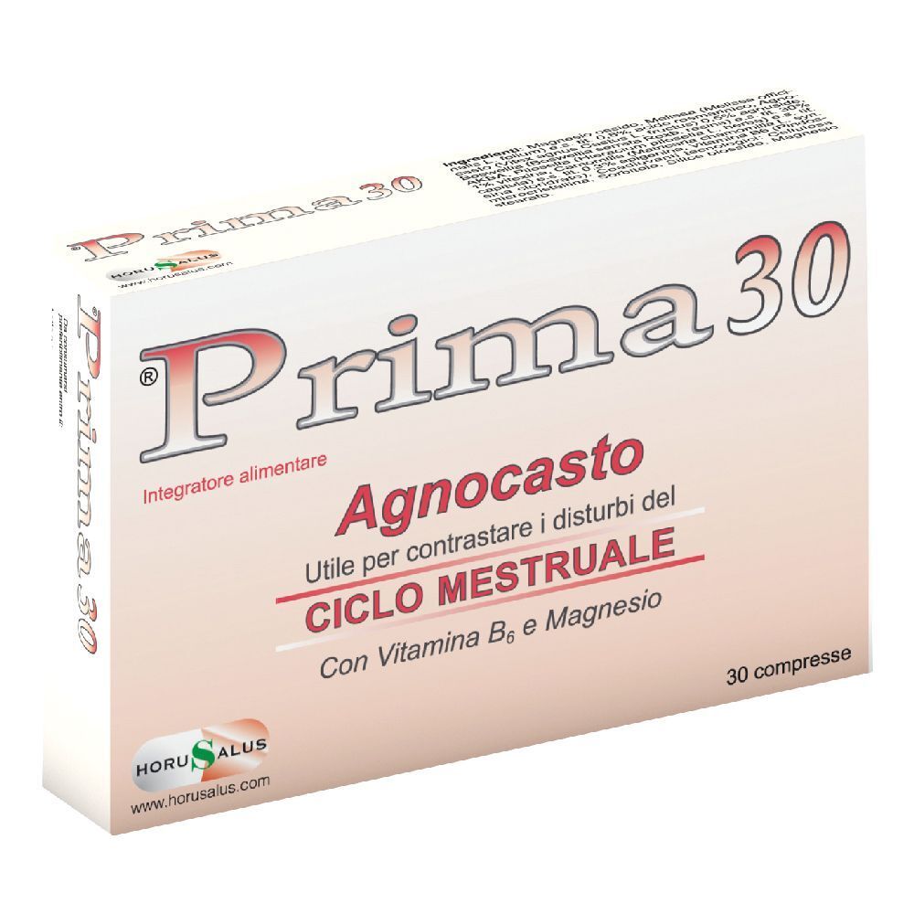 Confezione di Prima 30 Agnocasto. Scritto: 'Utile per contrastare i disturbi del ciclo mestruale'. 30 compresse. Marchio Horusalus.