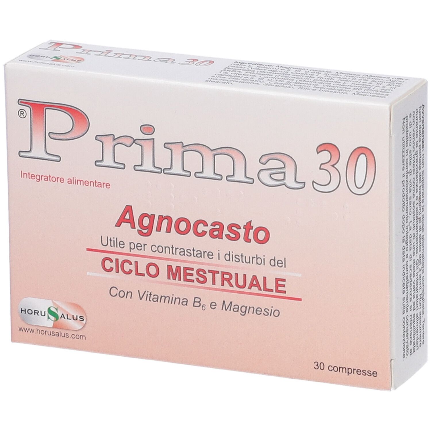 Confezione di Prima 30 Agnocasto. Scritto: 'Utile per contrastare i disturbi del ciclo mestruale'. 30 compresse. Marchio Horusalus.