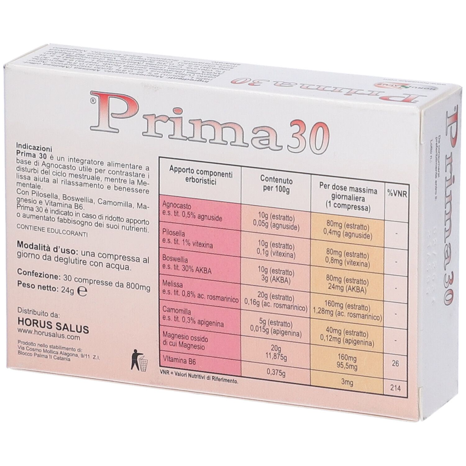 Retro della confezione di Prima 30. Contiene informazioni sugli ingredienti e i valori nutrizionali. Marchio Horusalus.
