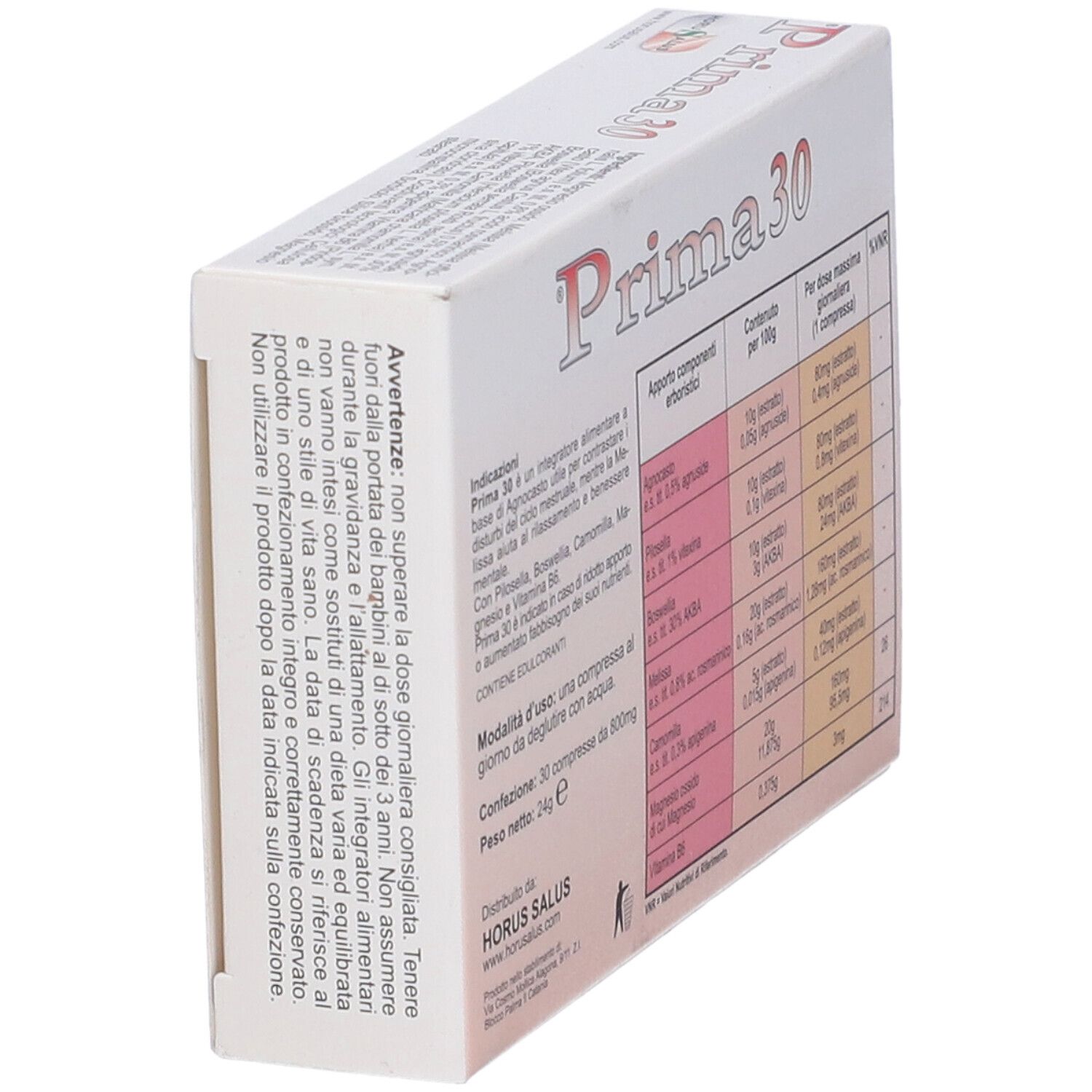 Confezione di Prima 30. Contiene informazioni sugli ingredienti e i valori nutrizionali. Marchio Horusalus.